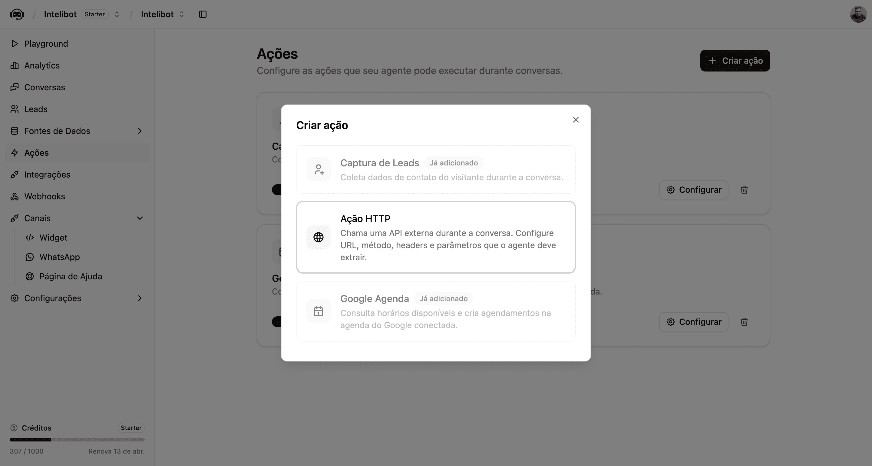 Modal Criar ação com a opção Ação HTTP em destaque, entre Captura de Leads e Google Agenda
