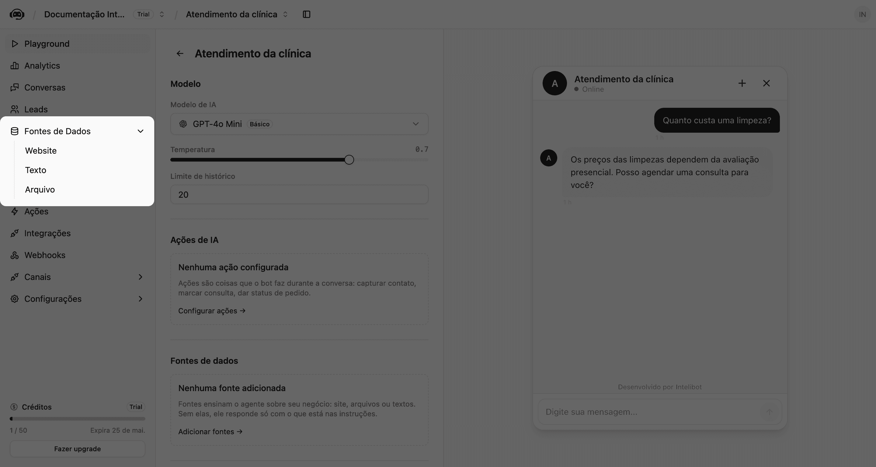Menu lateral expandido em Fontes de Dados com Website, Texto e Arquivo, e painel Visão geral à direita