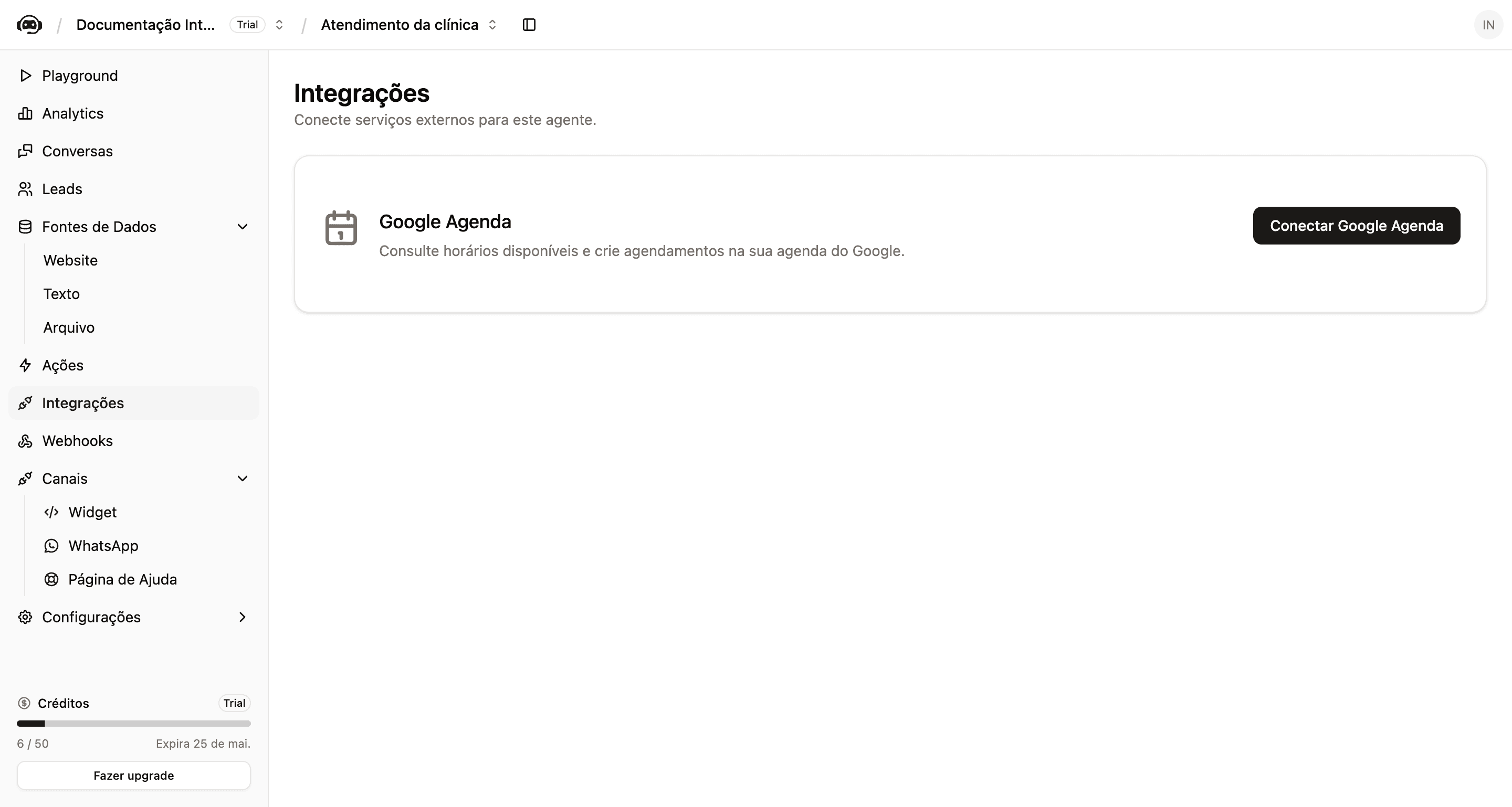 Tela Integrações com o card Google Agenda e botão Conectar Google Agenda