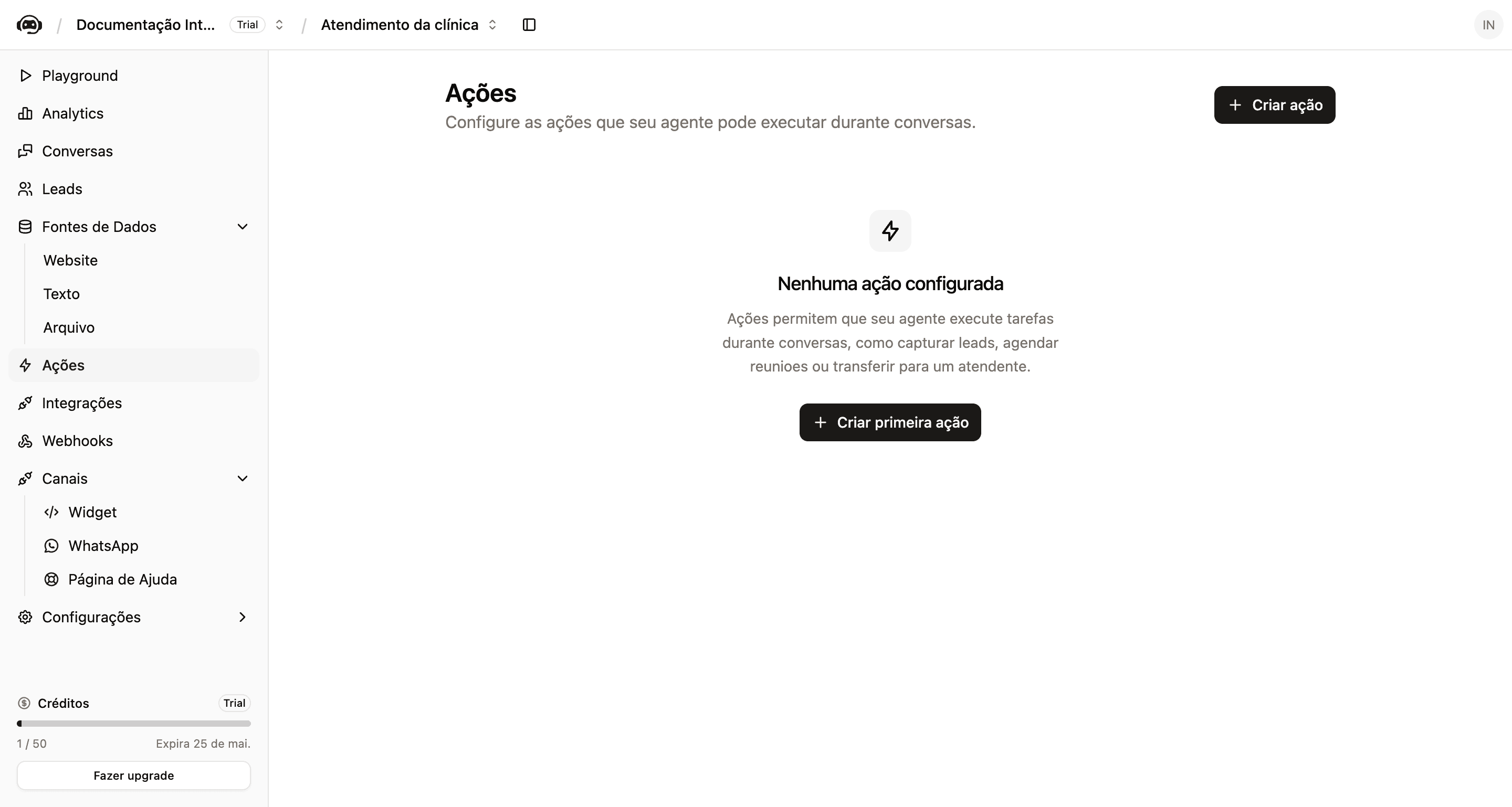 Modal Criar ação mostrando Captura de Leads, Ação HTTP e Google Agenda