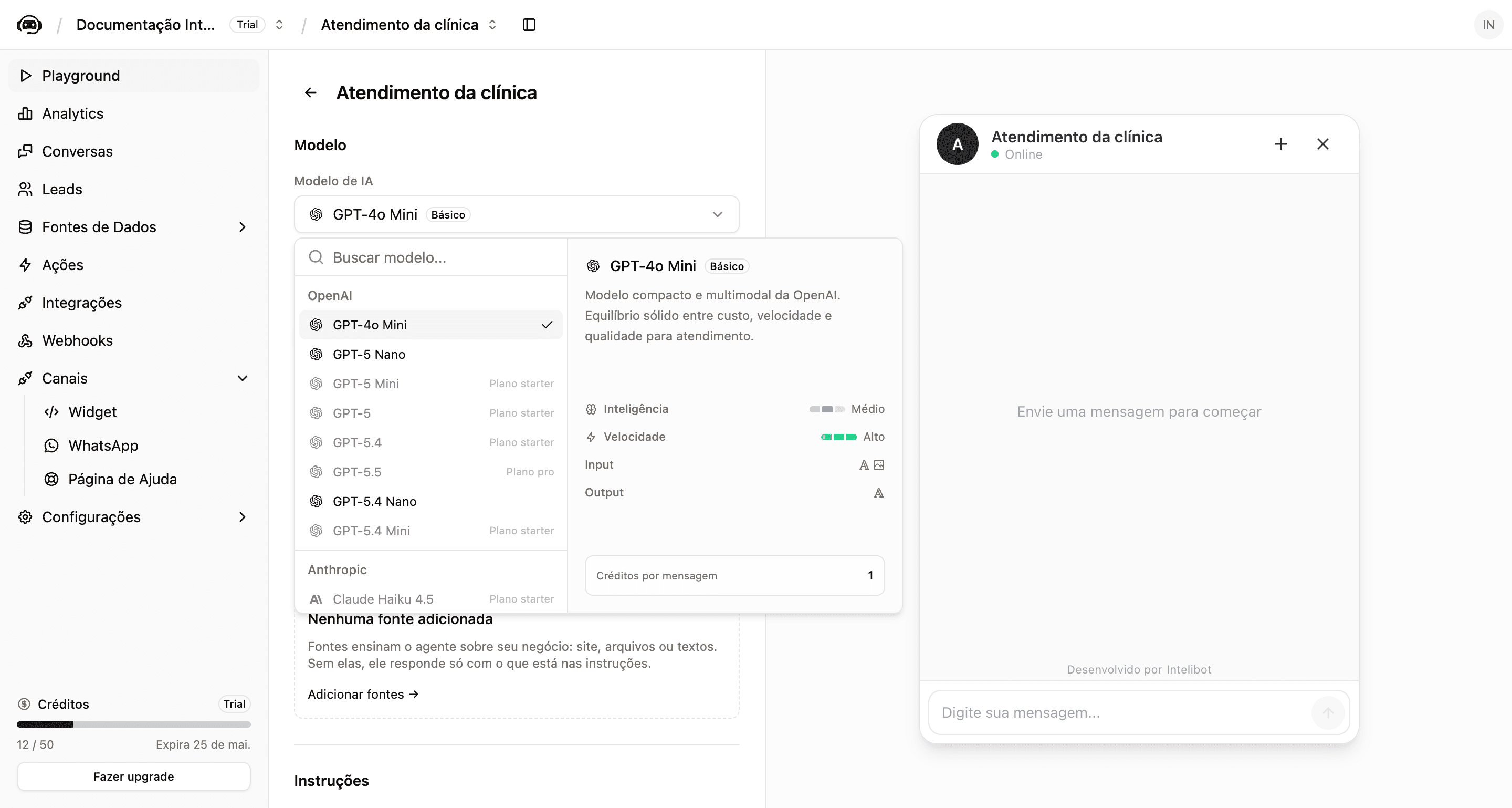 Dropdown Modelo de IA aberto com a lista de modelos OpenAI e Anthropic, e o painel à direita mostrando atributos do modelo selecionado (Inteligência, Velocidade, Input, Output e Créditos por mensagem)