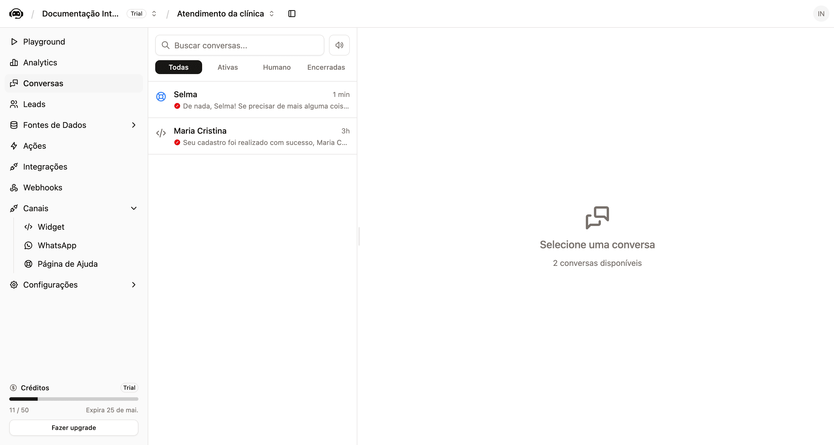 Tela Conversas com lista de conversas à esquerda, abas Todas/Ativas/Humano/Encerradas e painel direito vazio aguardando seleção