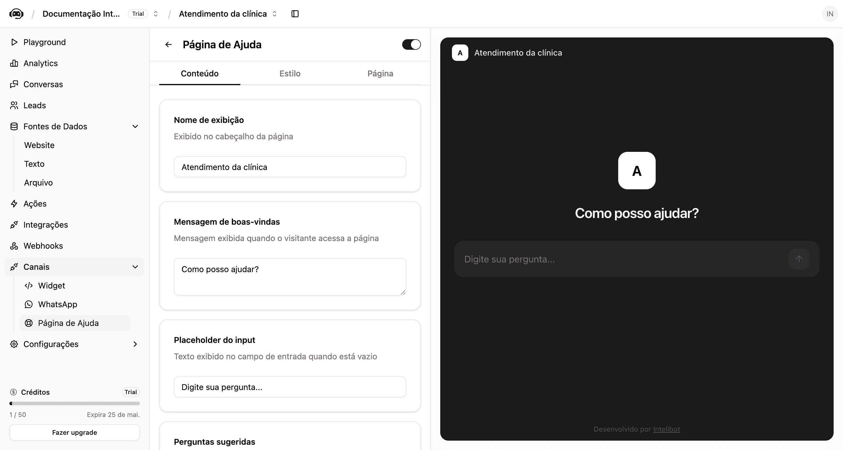 Tela da Página de Ajuda com configurações de nome, link público e mensagens iniciais