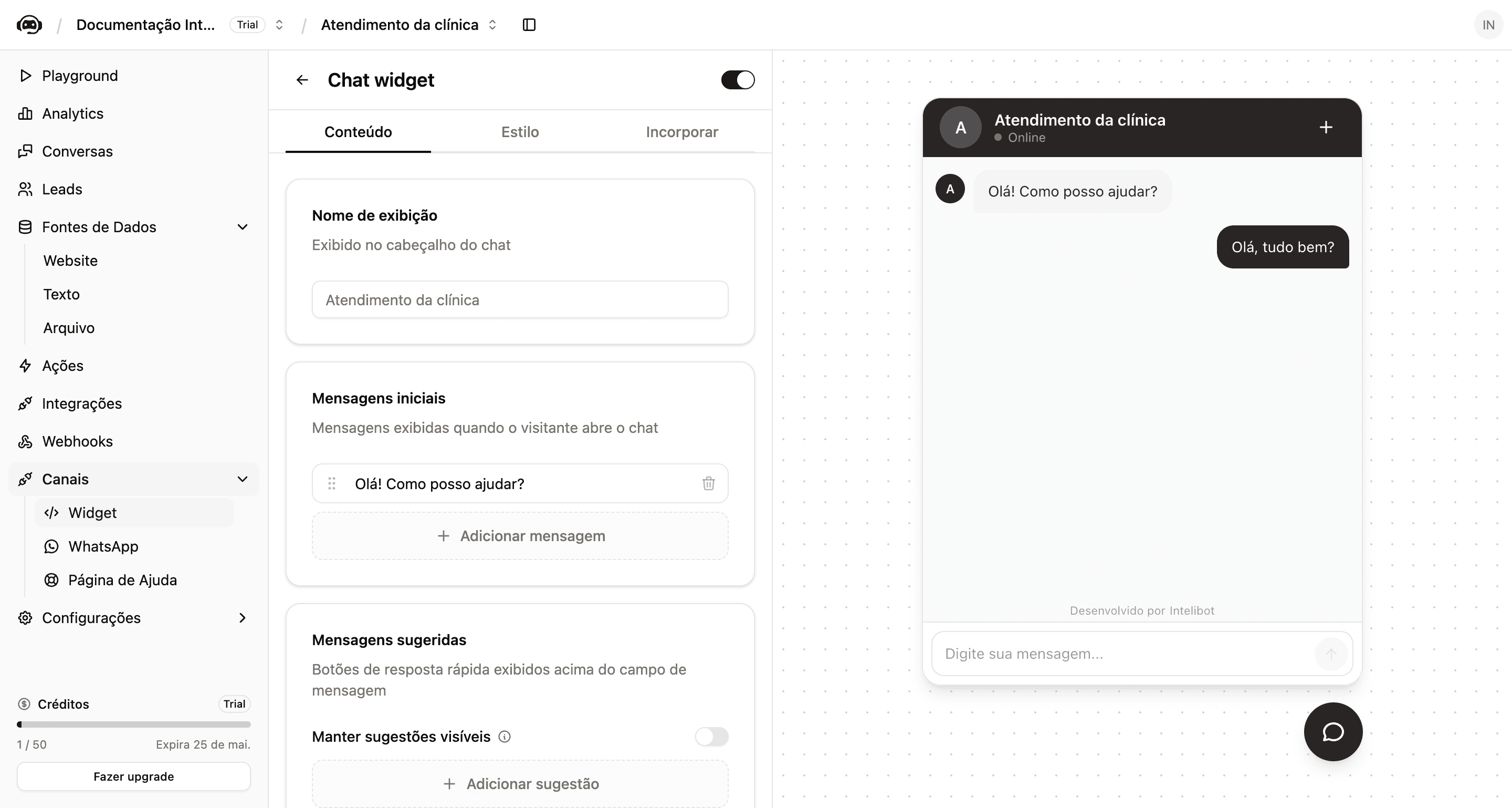 Tela do Chat widget com aba Conteúdo, campos de Nome de exibição, Mensagens iniciais e Mensagens sugeridas, e preview do widget à direita