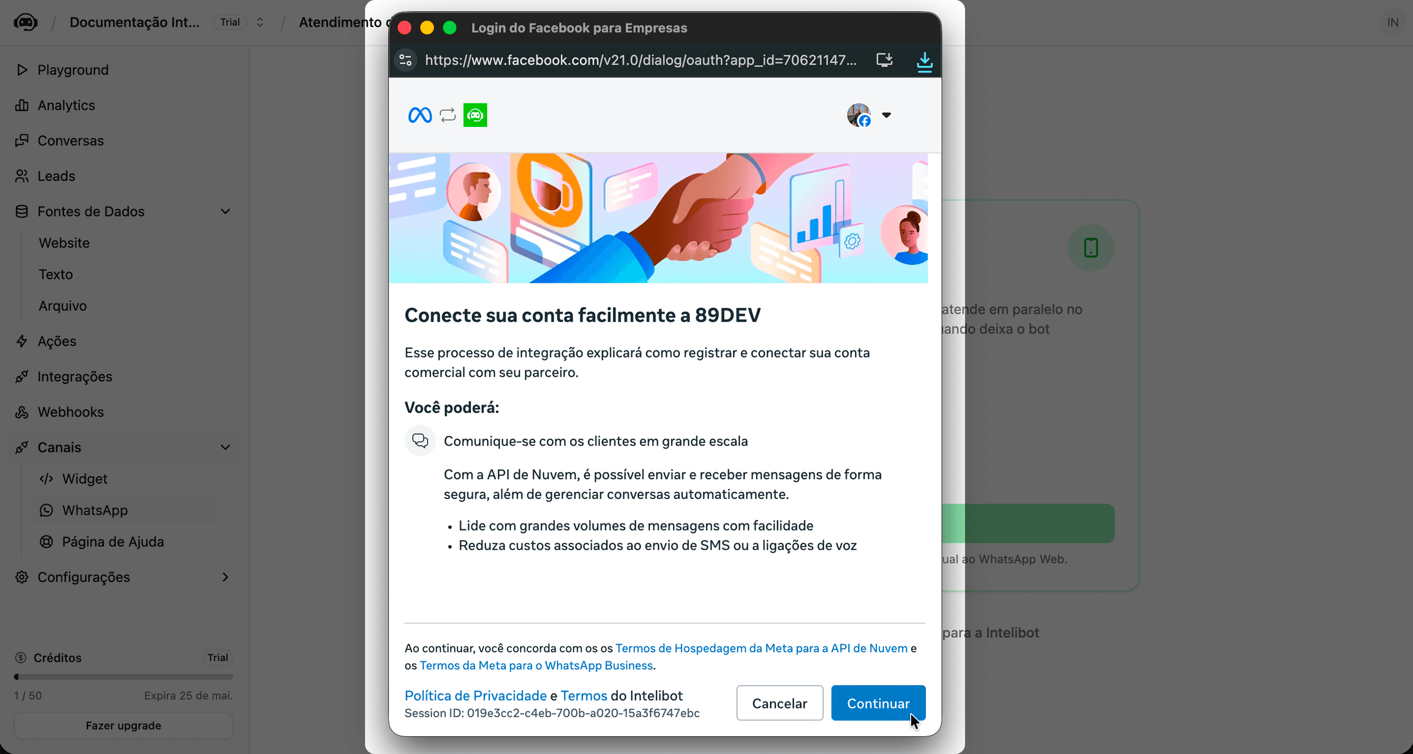 Tela inicial mostrando Conecte sua conta facilmente a 89DEV com botão Continuar