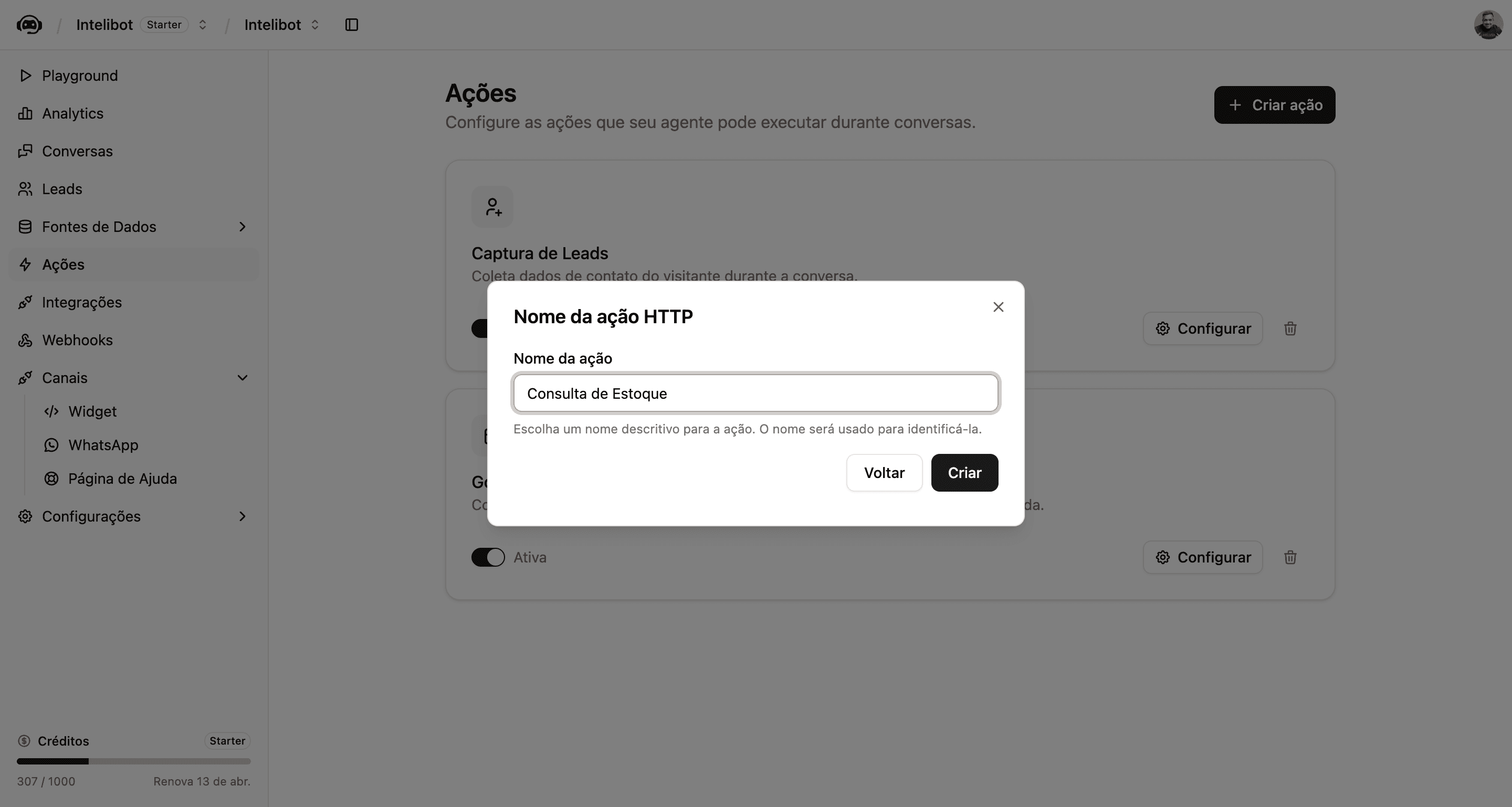 Modal Nome da ação HTTP com o campo preenchido com Consulta de Estoque