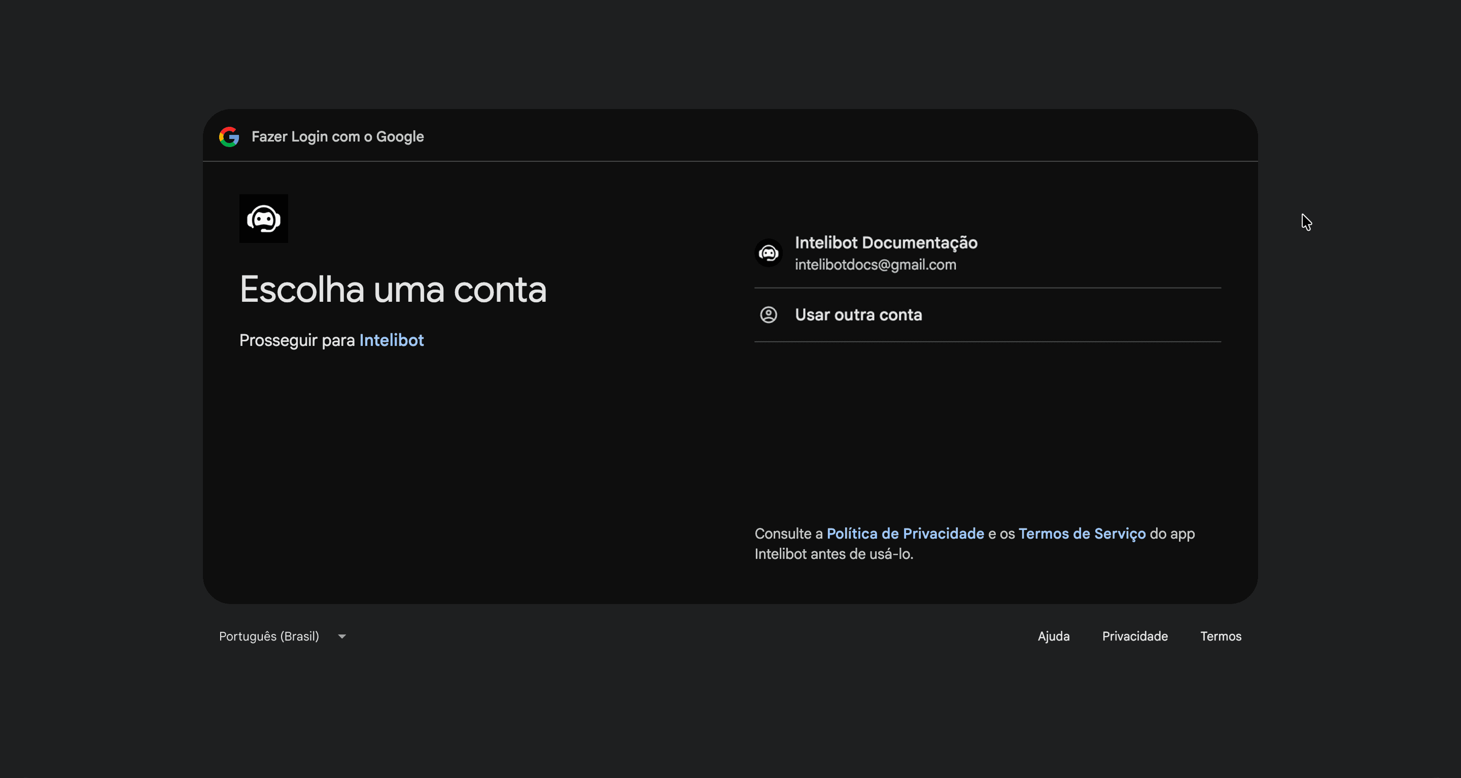 Tela de escolha da conta Google a ser conectada