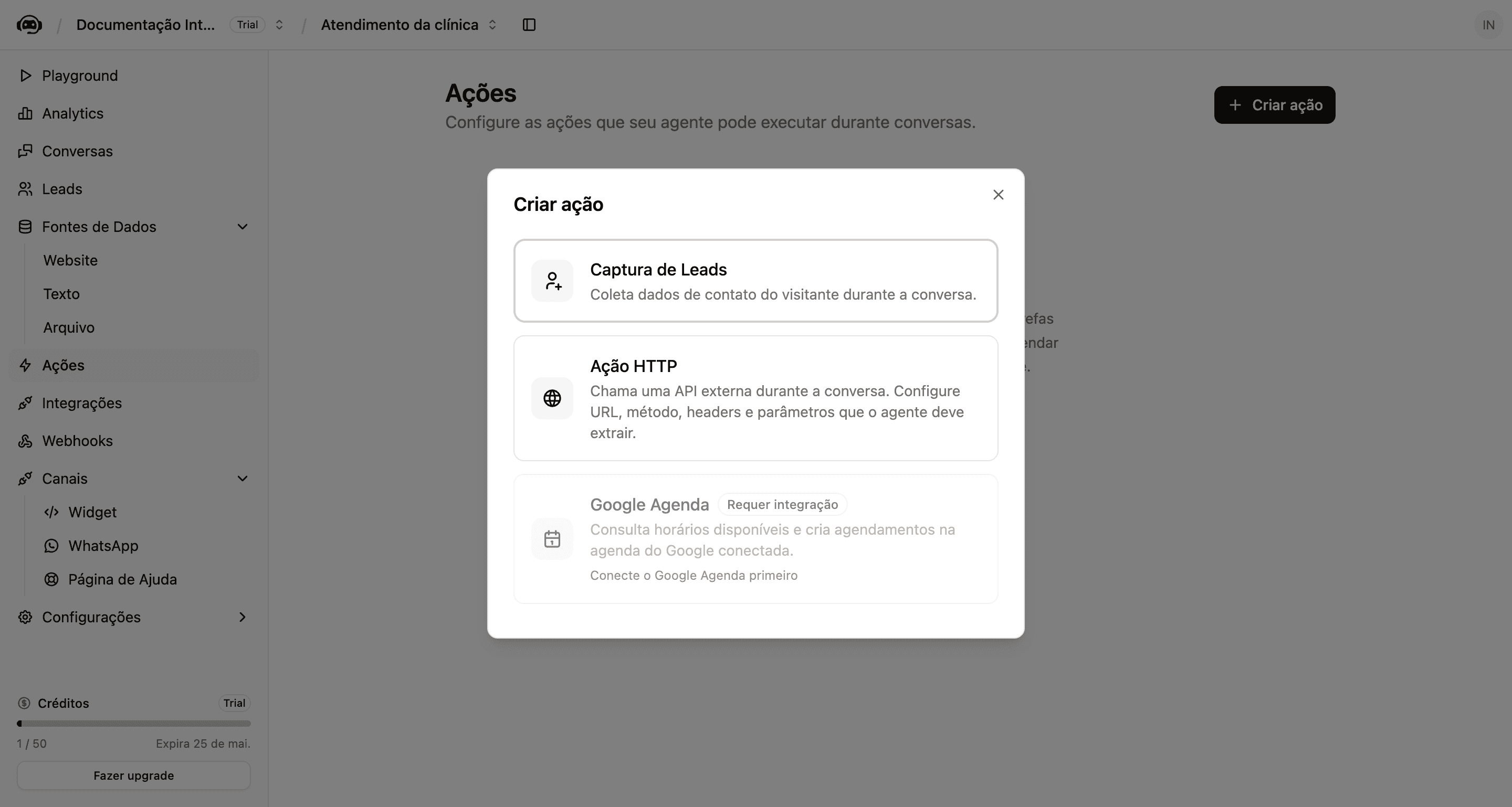 Modal Criar ação em outro momento do fluxo de seleção