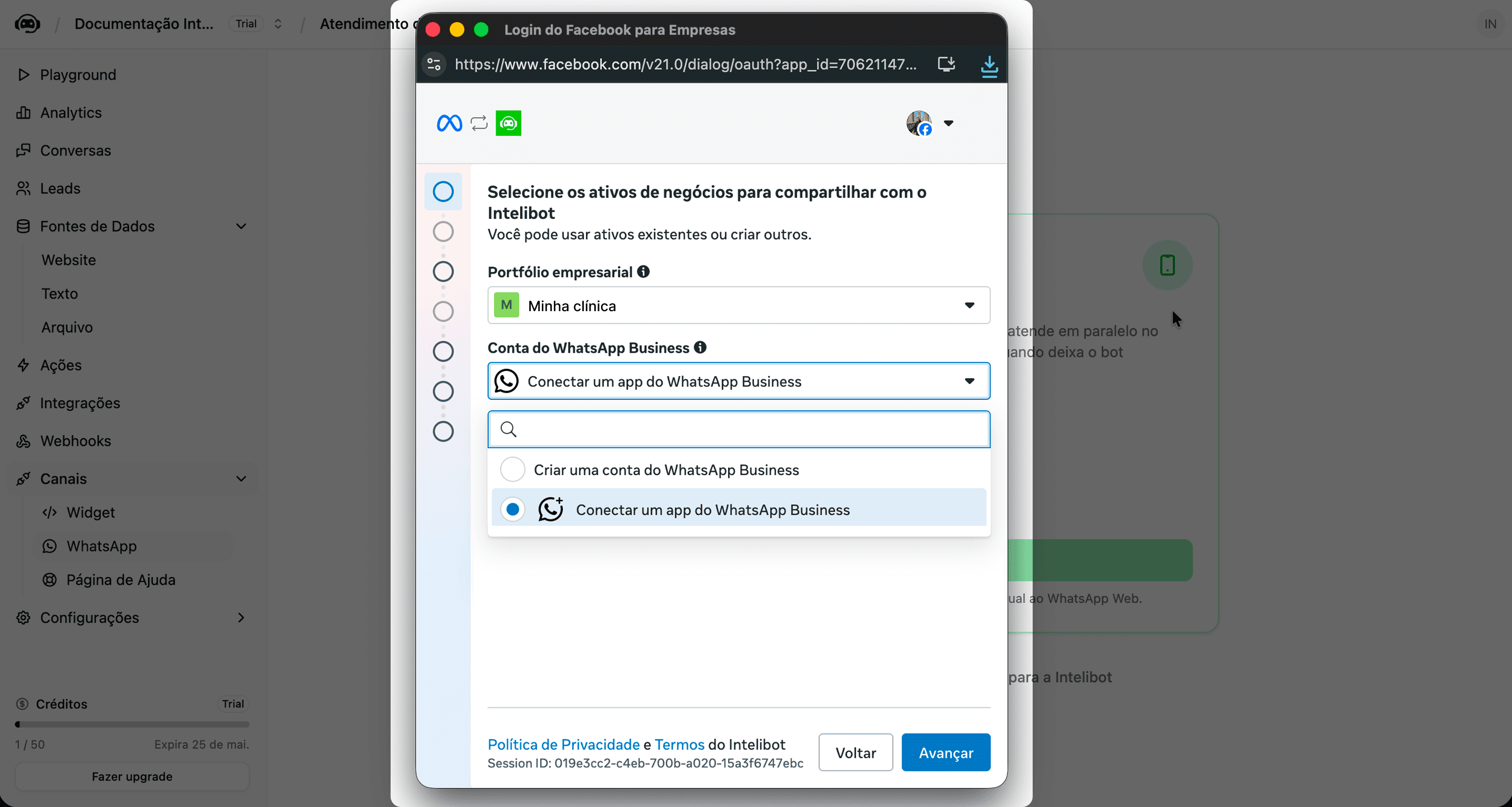 Tela de seleção do portfólio empresarial e da conta de WhatsApp Business, com a opção Conectar um app do WhatsApp Business marcada