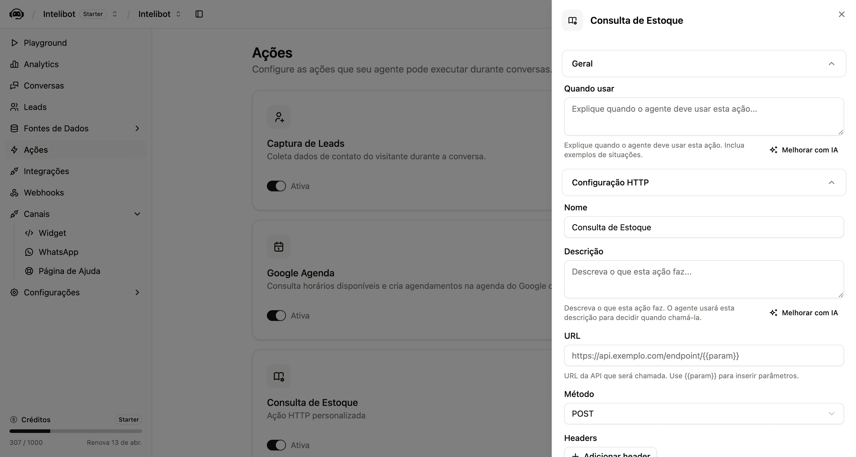 Painel lateral de configuração da Ação HTTP Consulta de Estoque com as seções Geral e Configuração HTTP expandidas