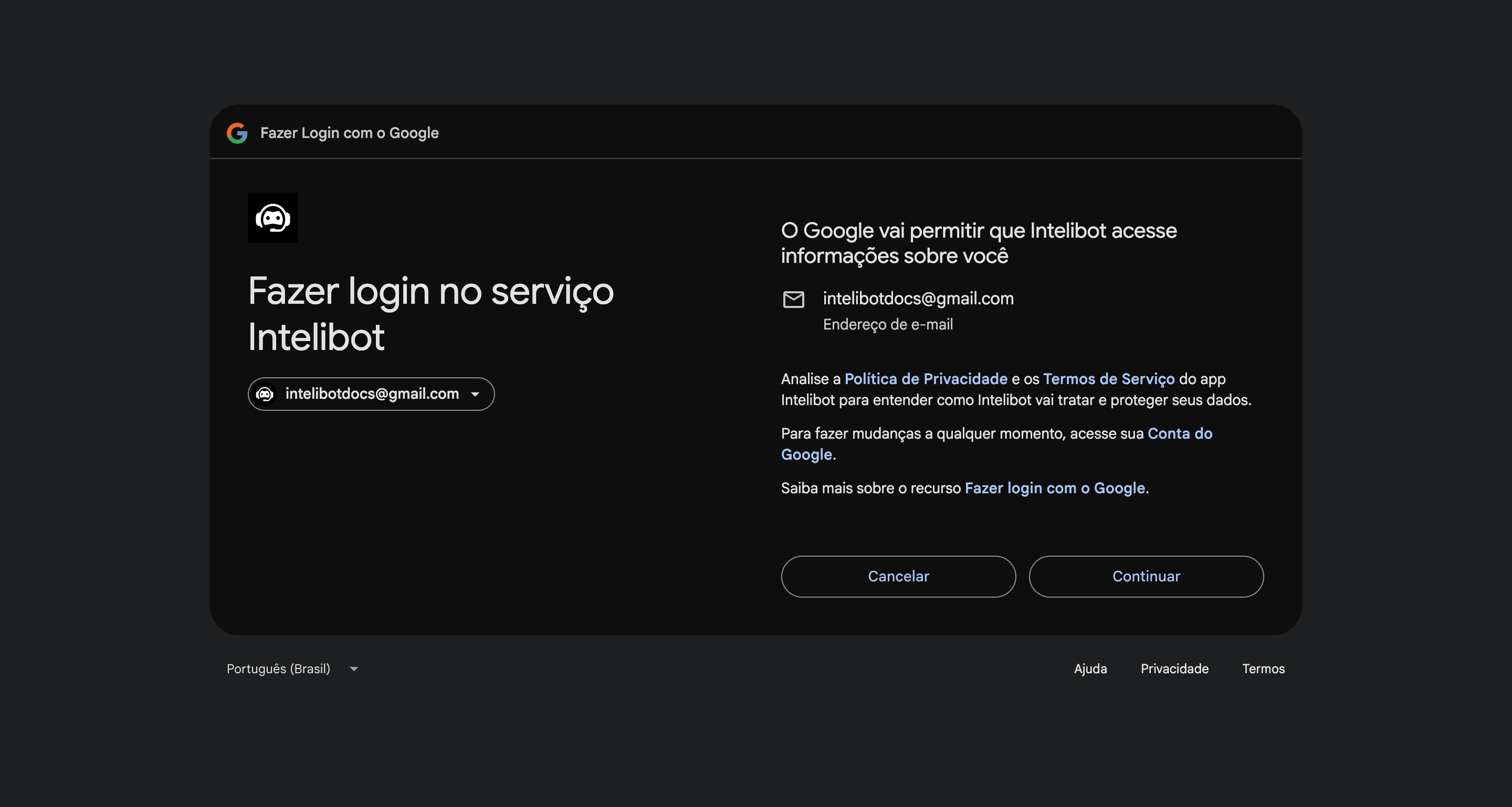 Tela de informações da conexão com o Intelibot