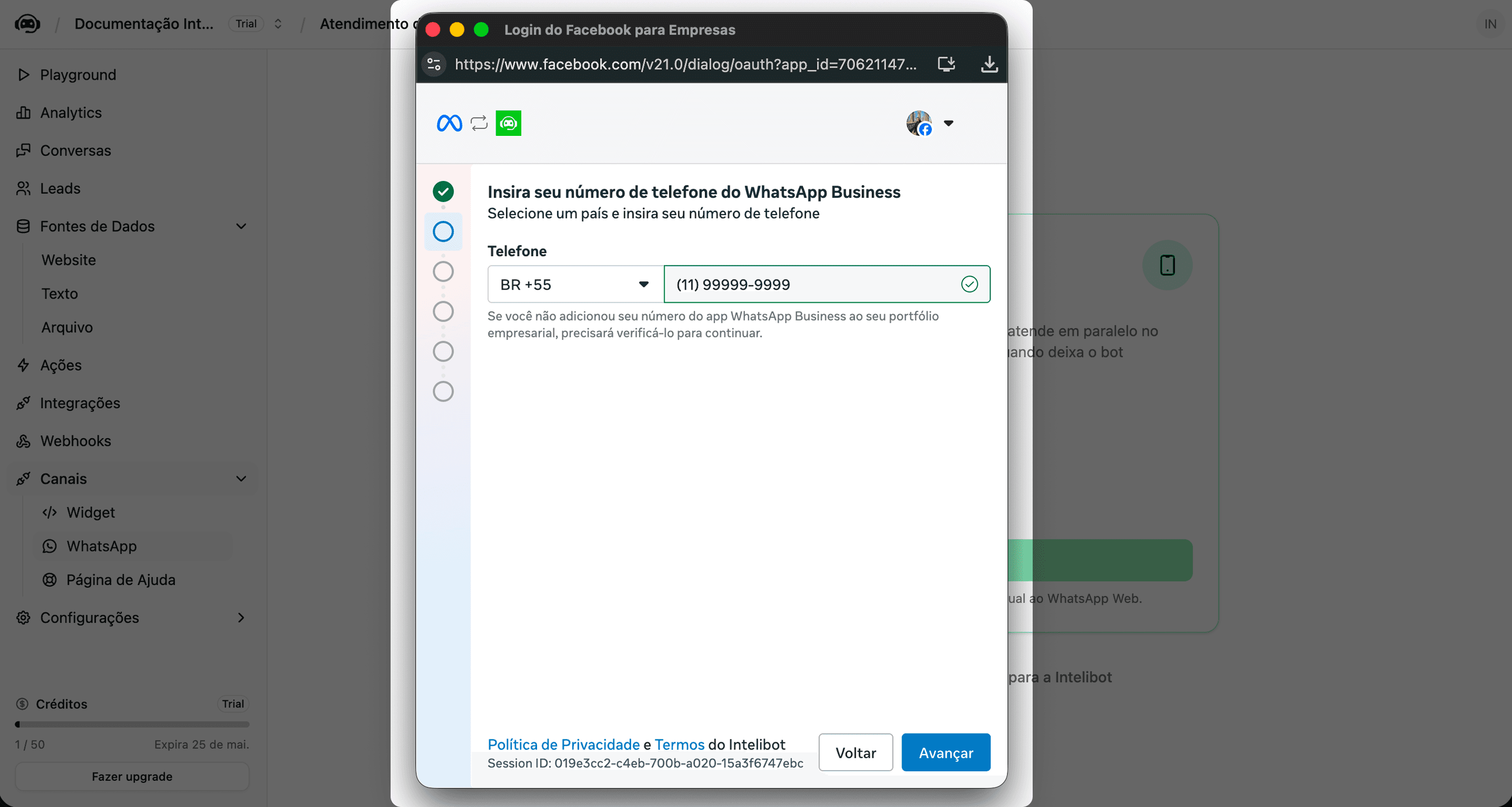Tela de inserir número de telefone do WhatsApp Business, com seletor de país e campo de número
