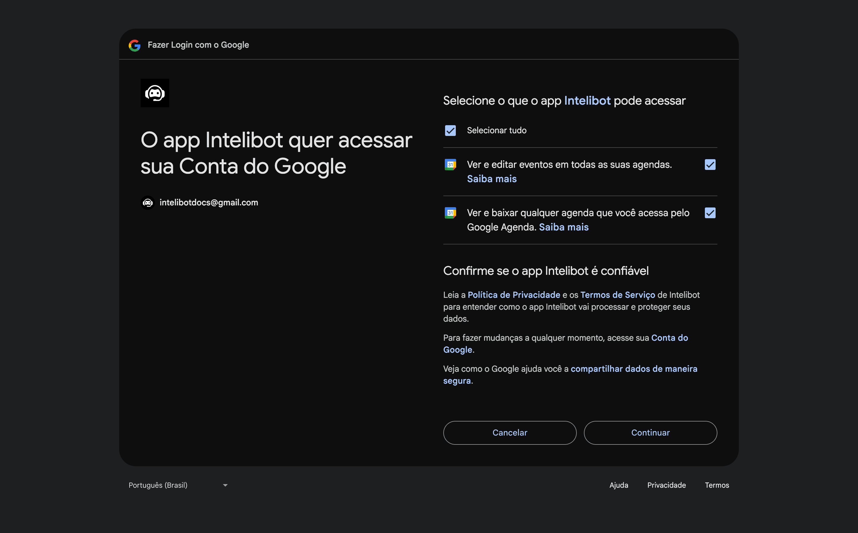 Tela de confirmação das permissões solicitadas pelo Intelibot
