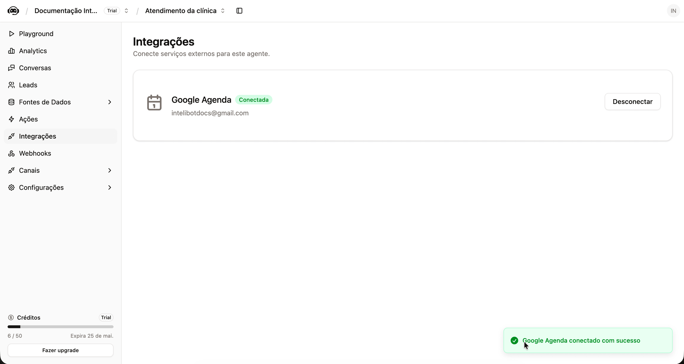 Tela final do passo a passo do Google antes de voltar ao Intelibot