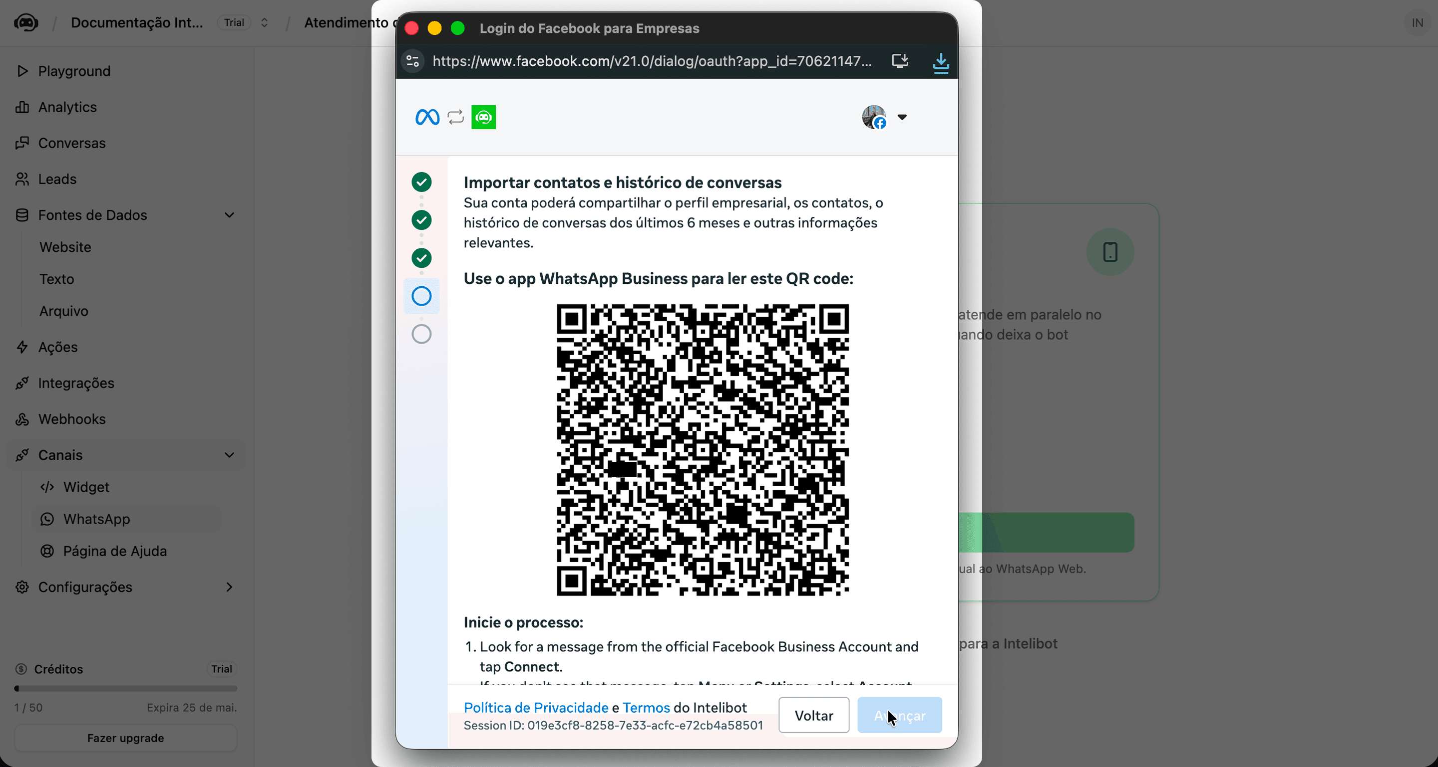 Tela com QR Code para escanear no app do WhatsApp Business