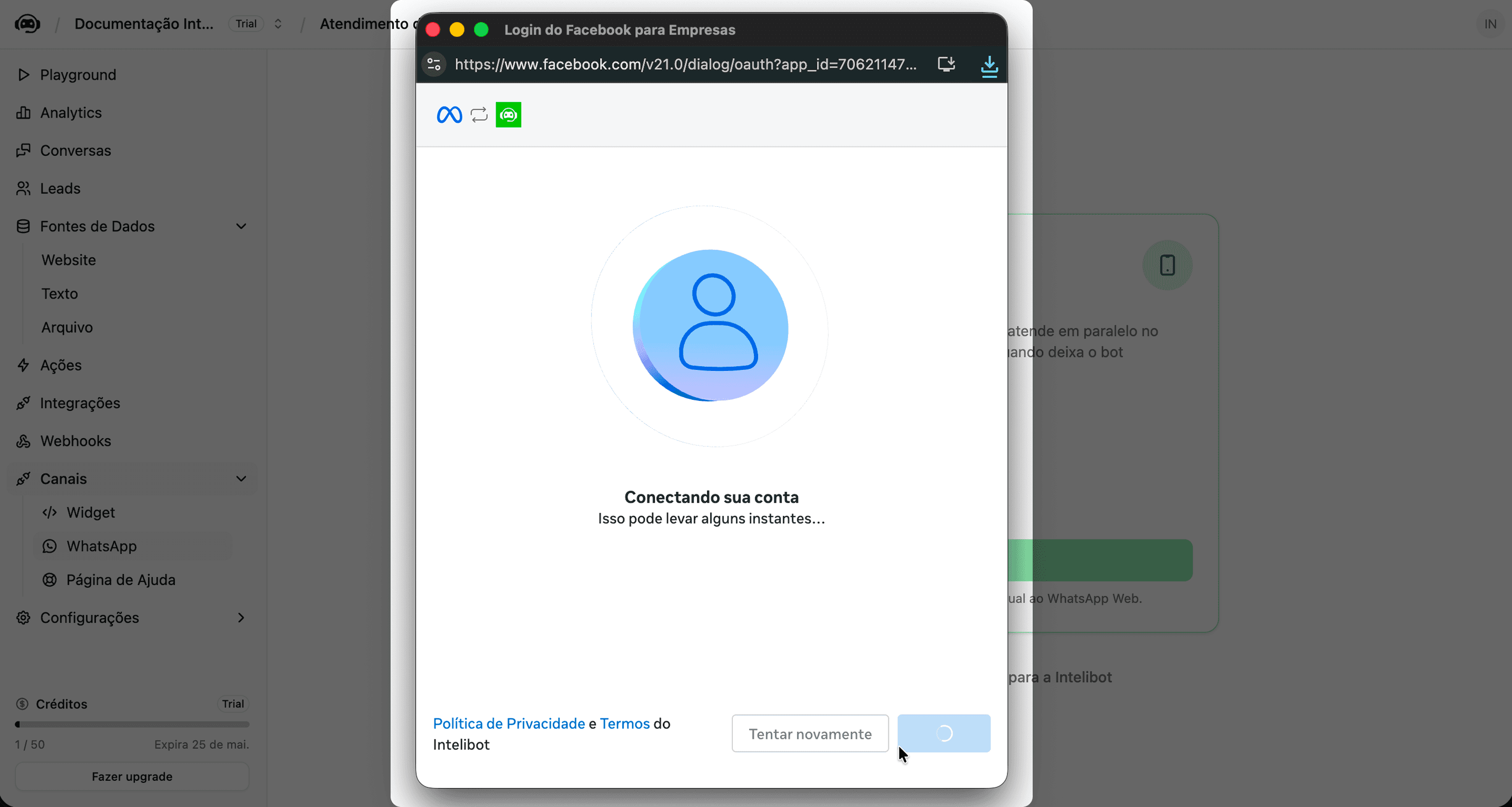 Tela de Conectando sua conta com indicador de carregamento