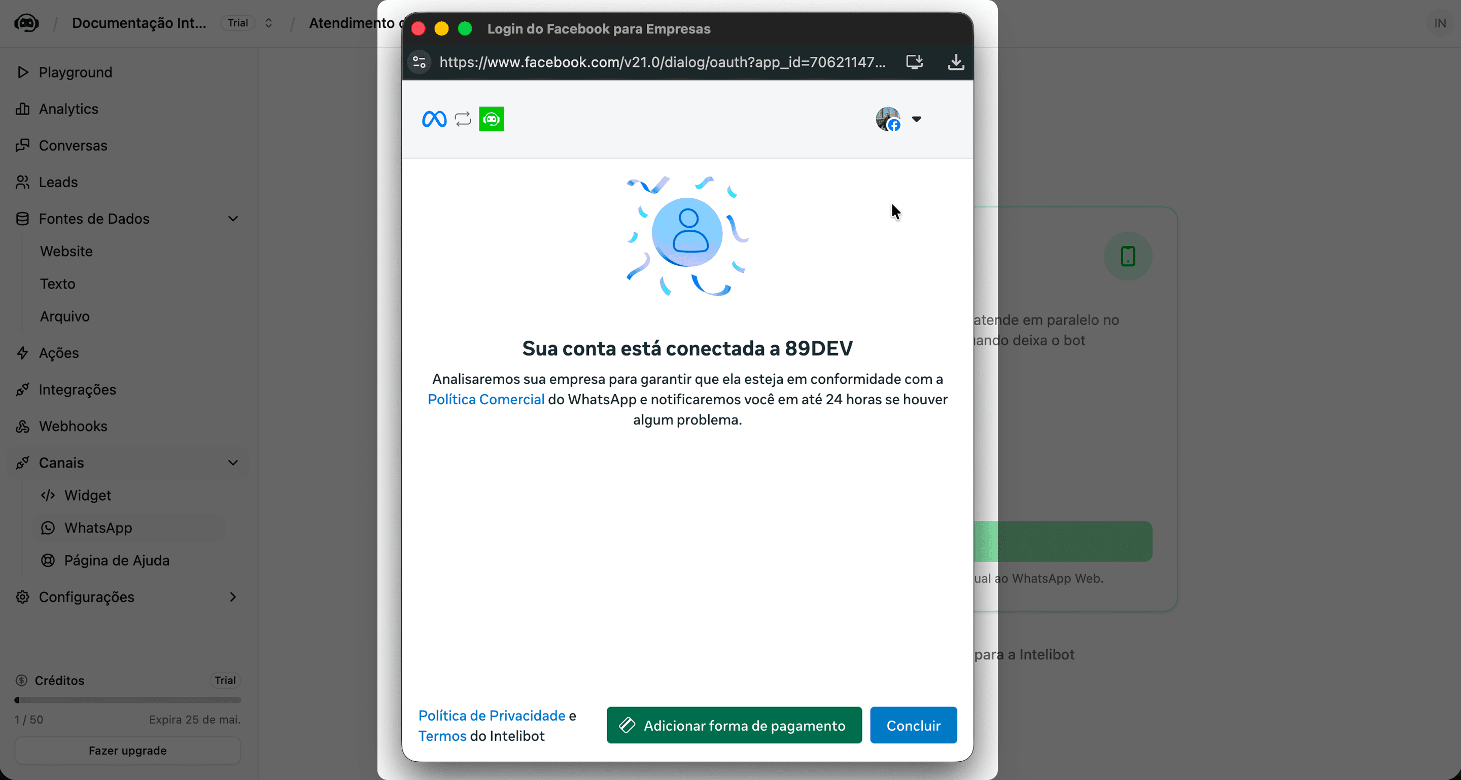 Tela de conta conectada com sucesso, mostrando aviso de revisão e botão Concluir