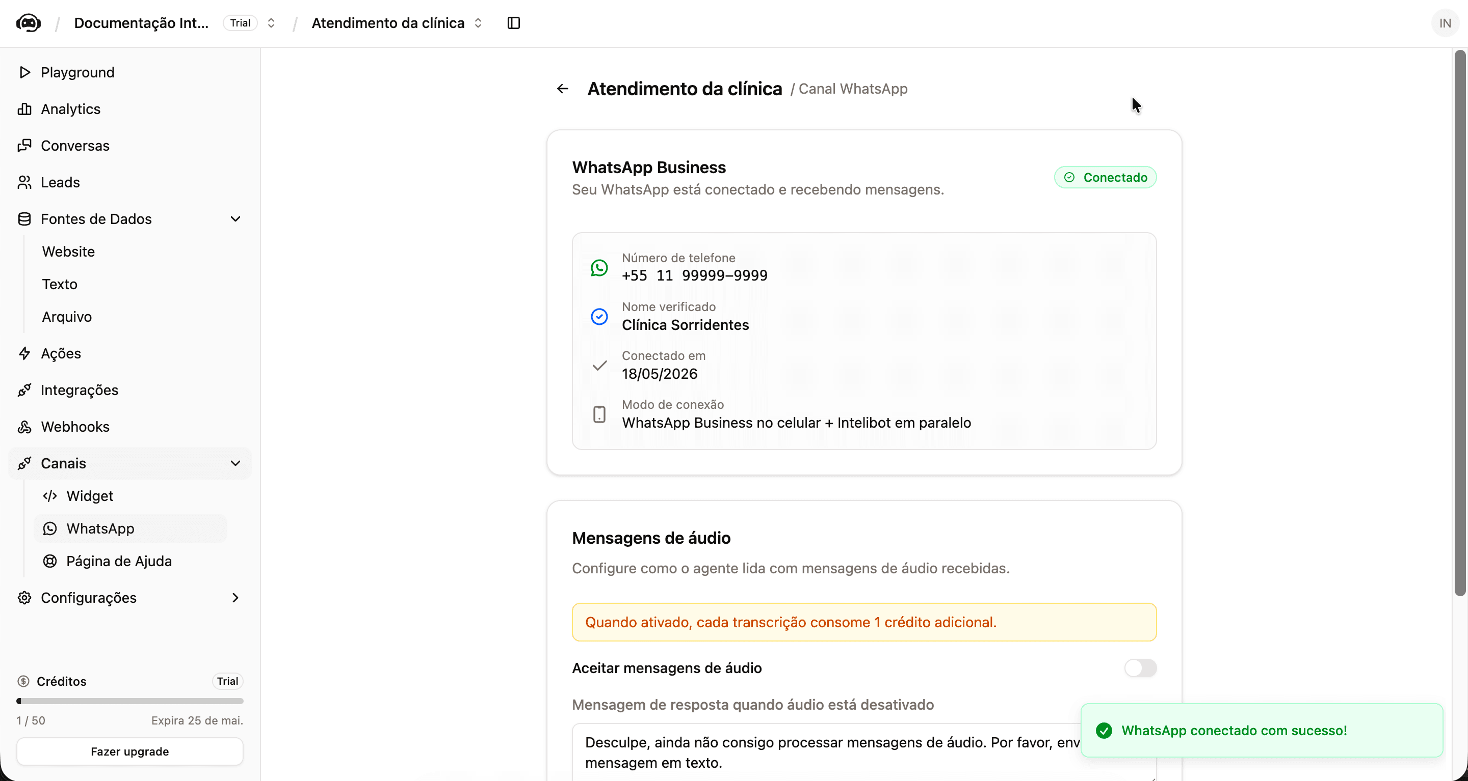 Tela do Intelibot mostrando o WhatsApp Business como Conectado, com número, nome verificado, data e modo de conexão