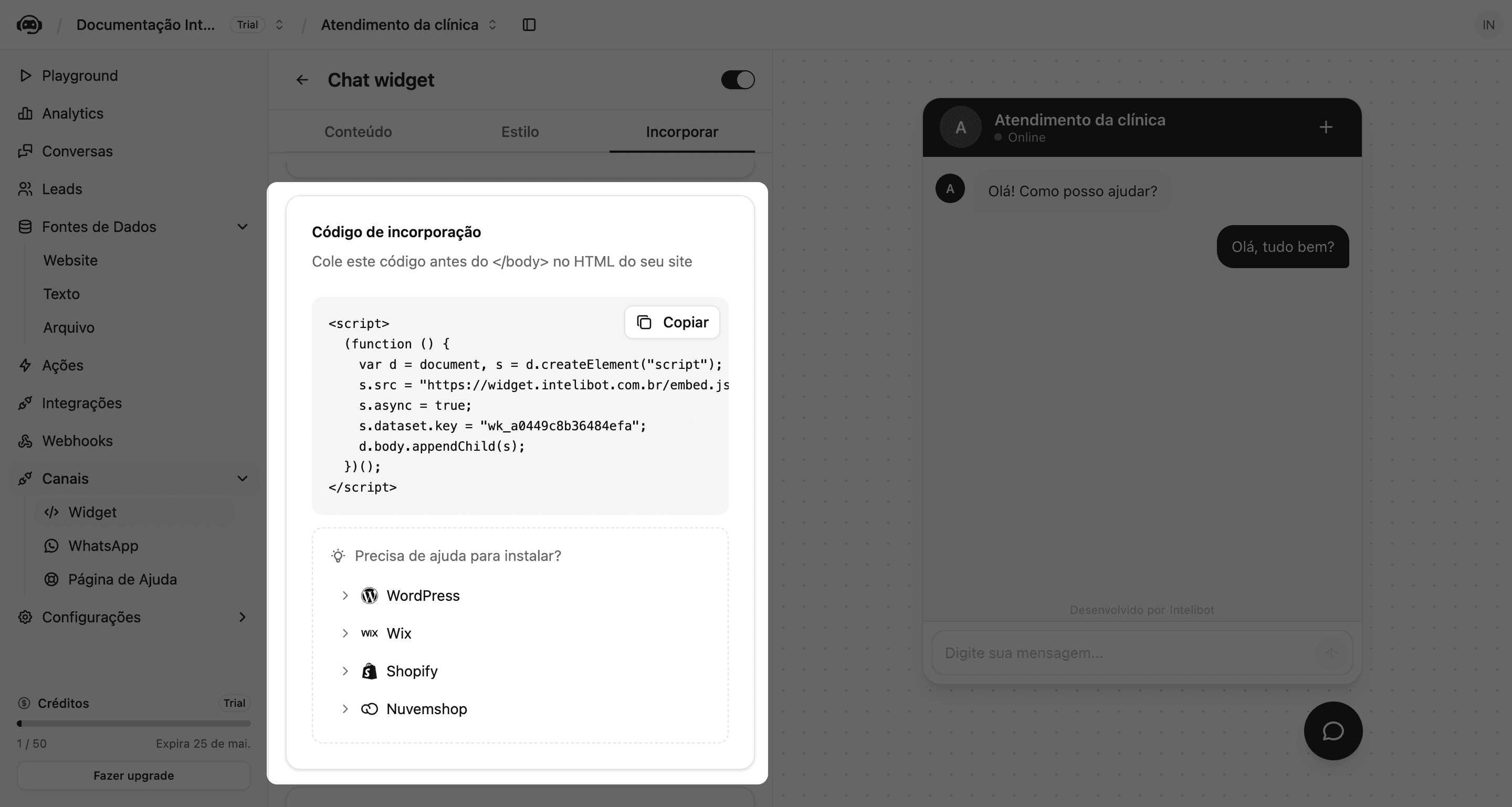 Aba Incorporar mostrando chave do widget, domínios permitidos e tipo de incorporação