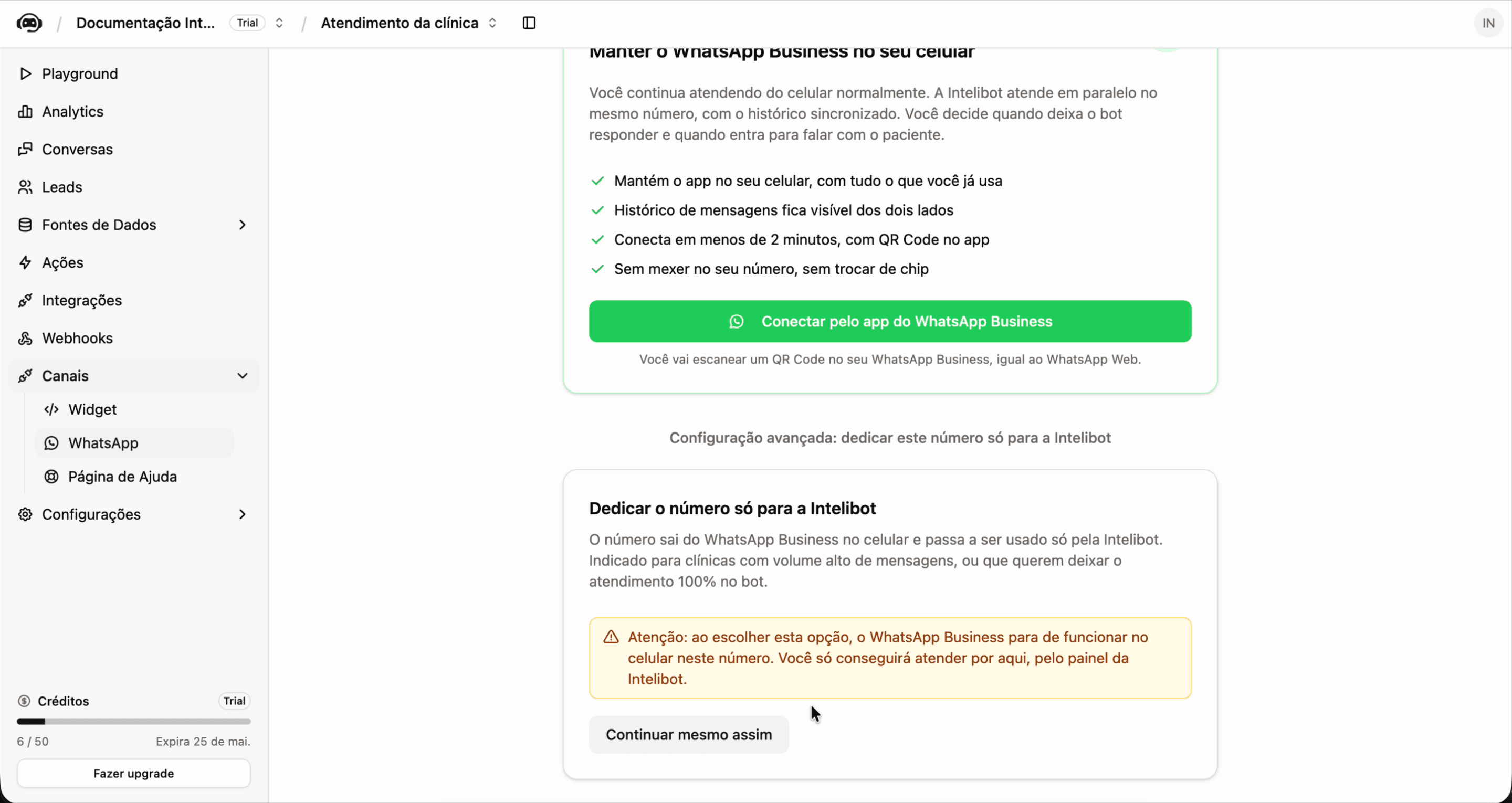 Seção Dedicar o número só para a Intelibot com o aviso amarelo e o botão Continuar mesmo assim