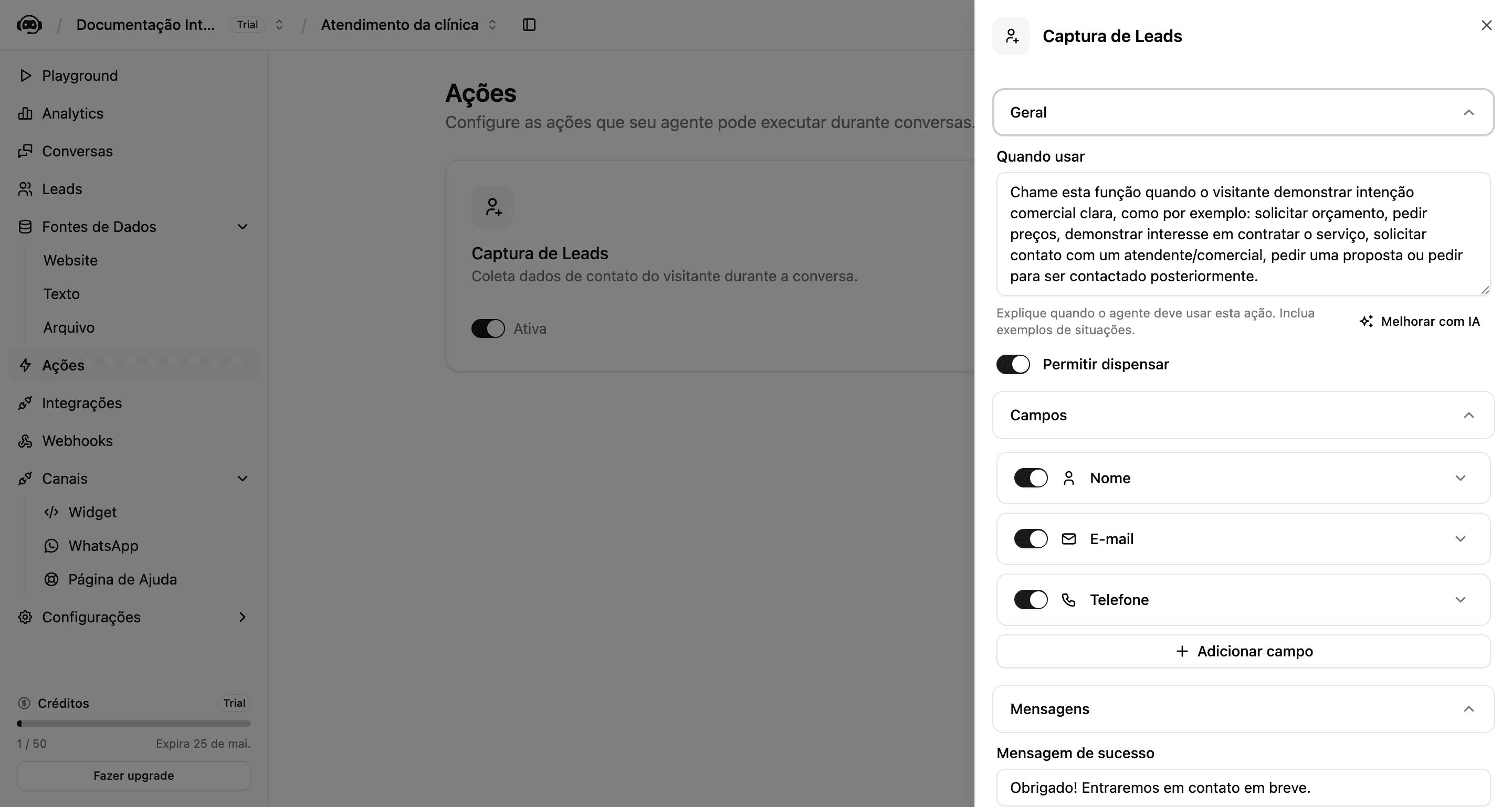 Painel de configuração da Captura de Leads com Quando usar, Permitir dispensar, Campos e Mensagens