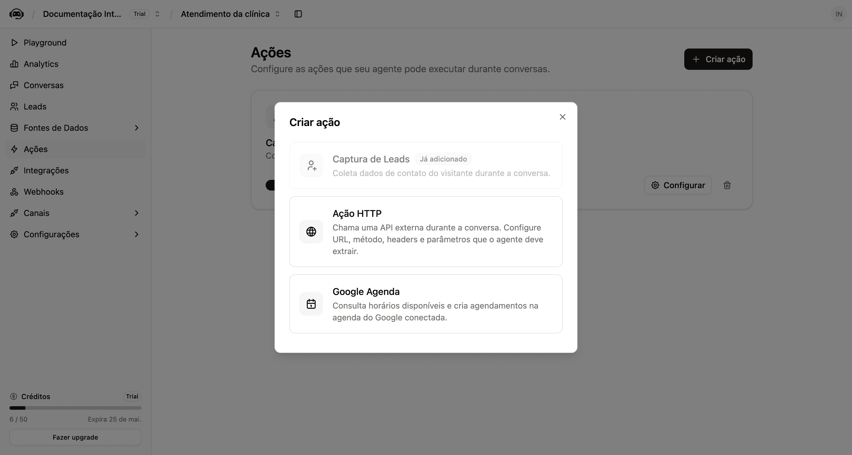 Modal Criar ação mostrando a opção Google Agenda agora habilitada após a integração