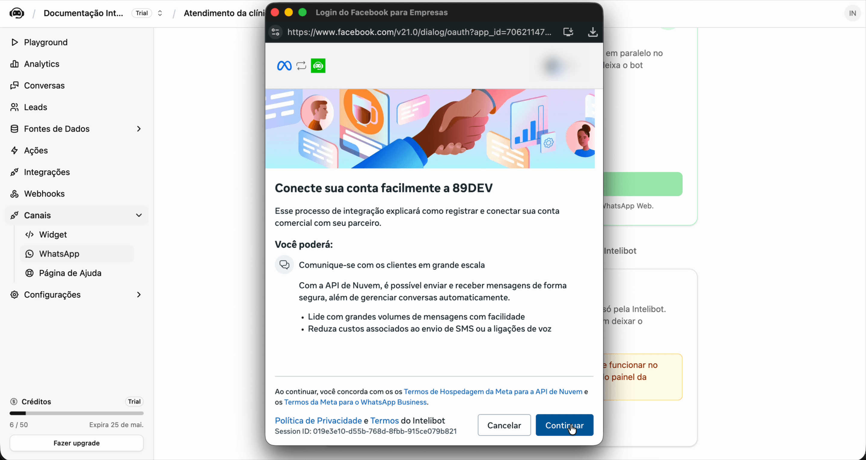 Tela inicial mostrando Conecte sua conta facilmente a 89DEV com botão Continuar