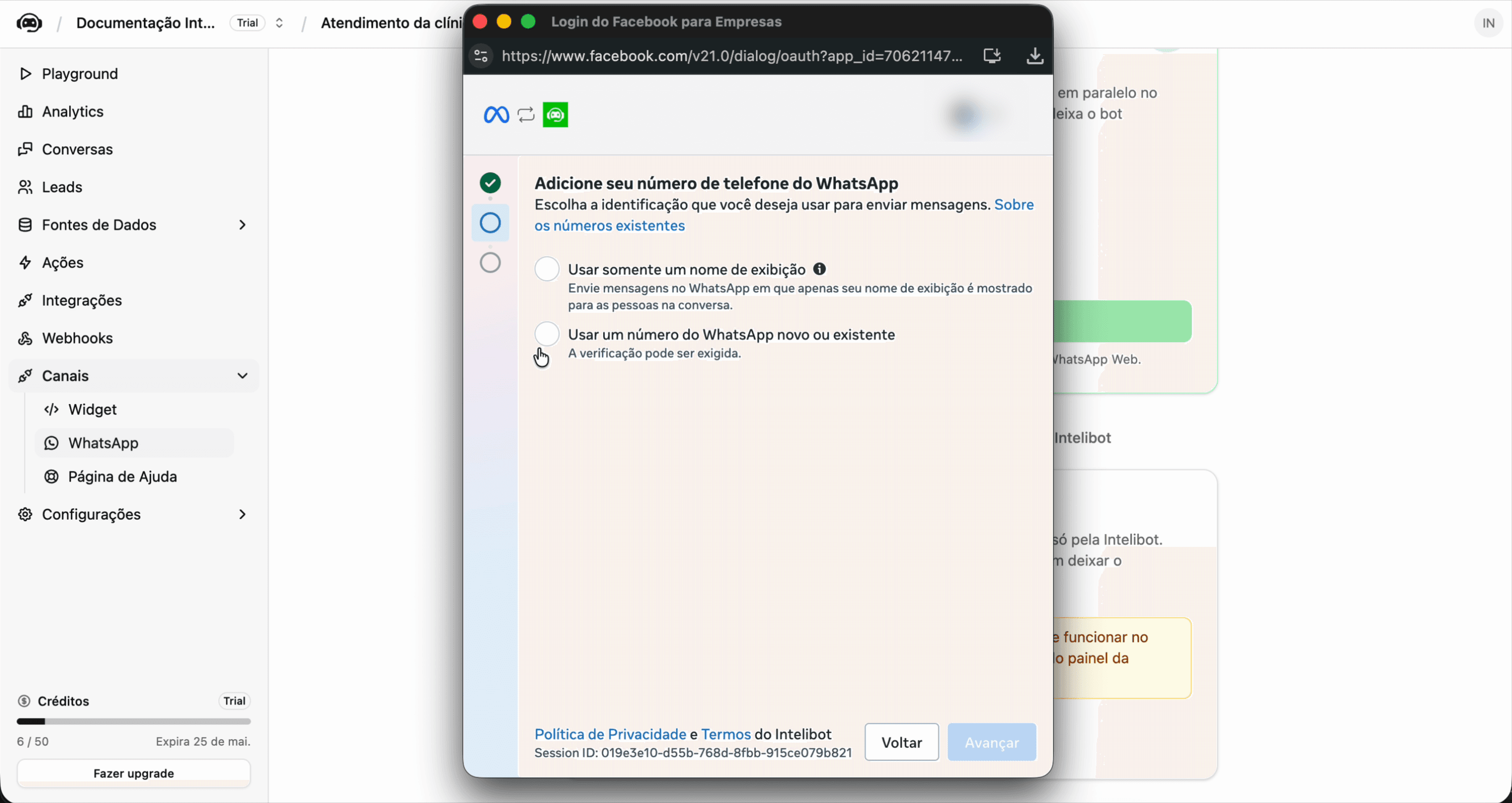 Tela Adicione seu número de telefone do WhatsApp com as opções de nome de exibição ou número novo/existente