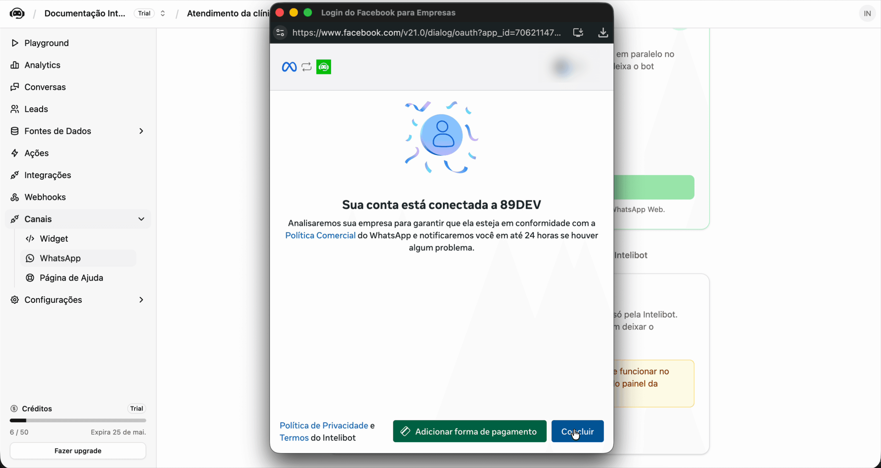 Tela de conta conectada com sucesso a 89DEV, mostrando aviso de revisão e botão Concluir