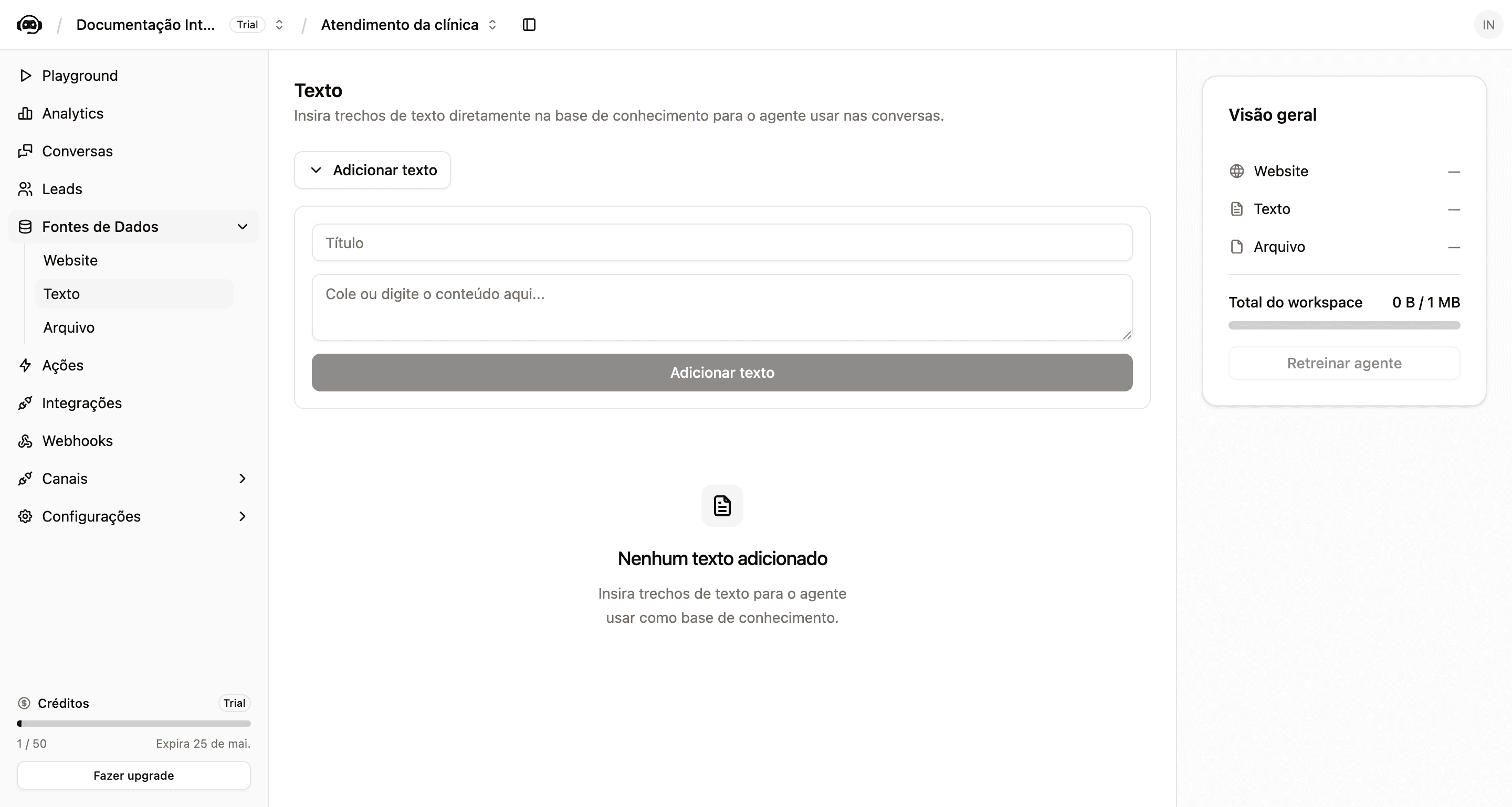 Tela de adicionar texto com botão Adicionar texto e estado vazio
