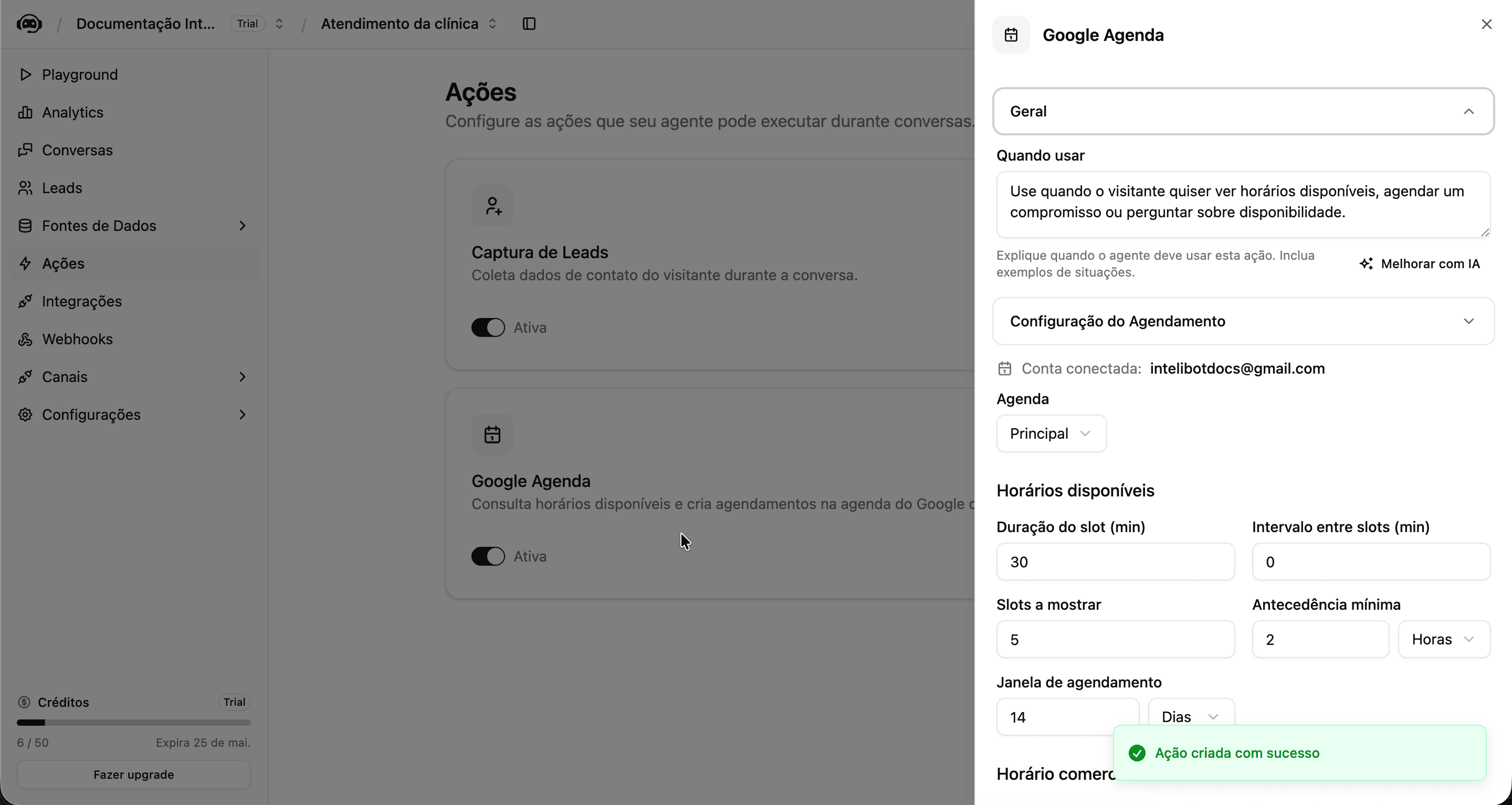 Painel de configuração da ação Google Agenda com os campos de quando usar, calendário, duração, horários e antecedência