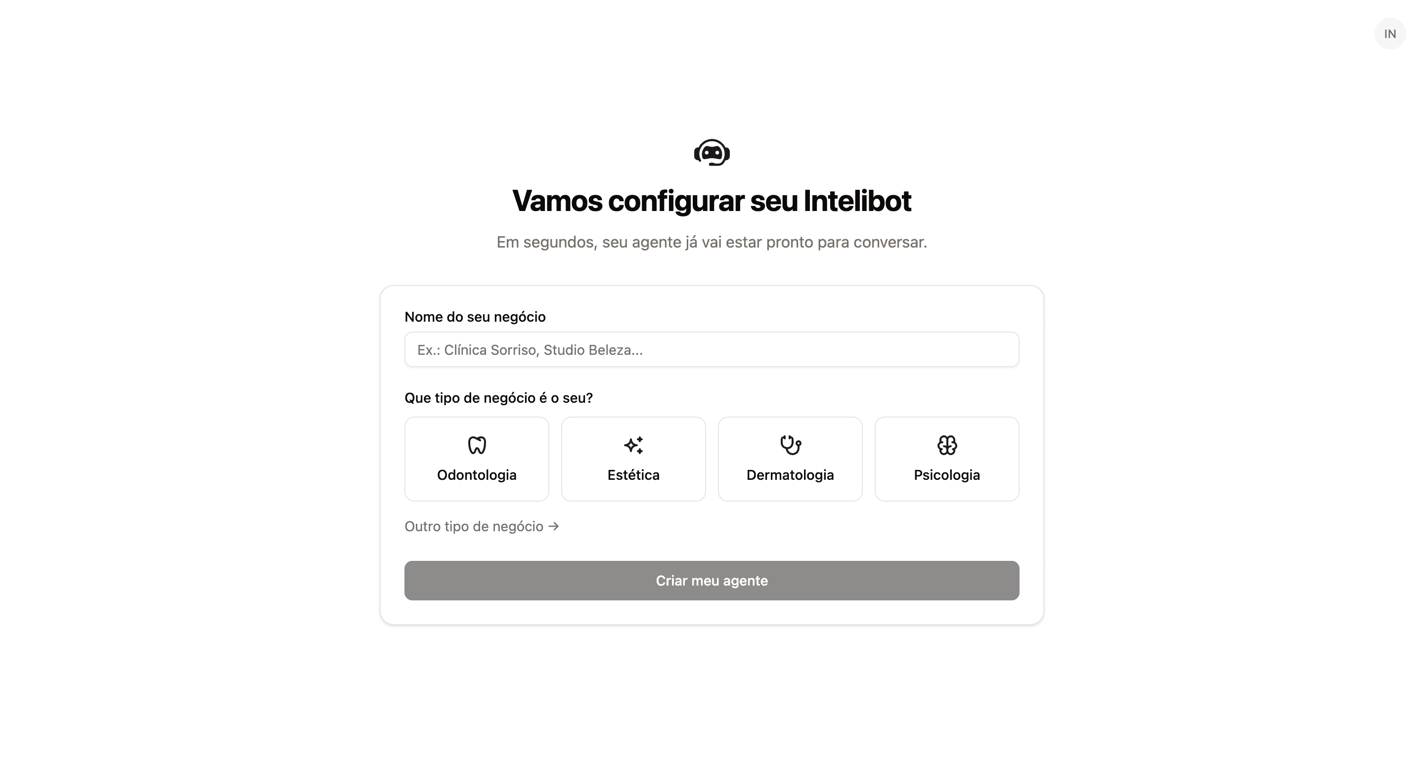 Tela de onboarding do negócio