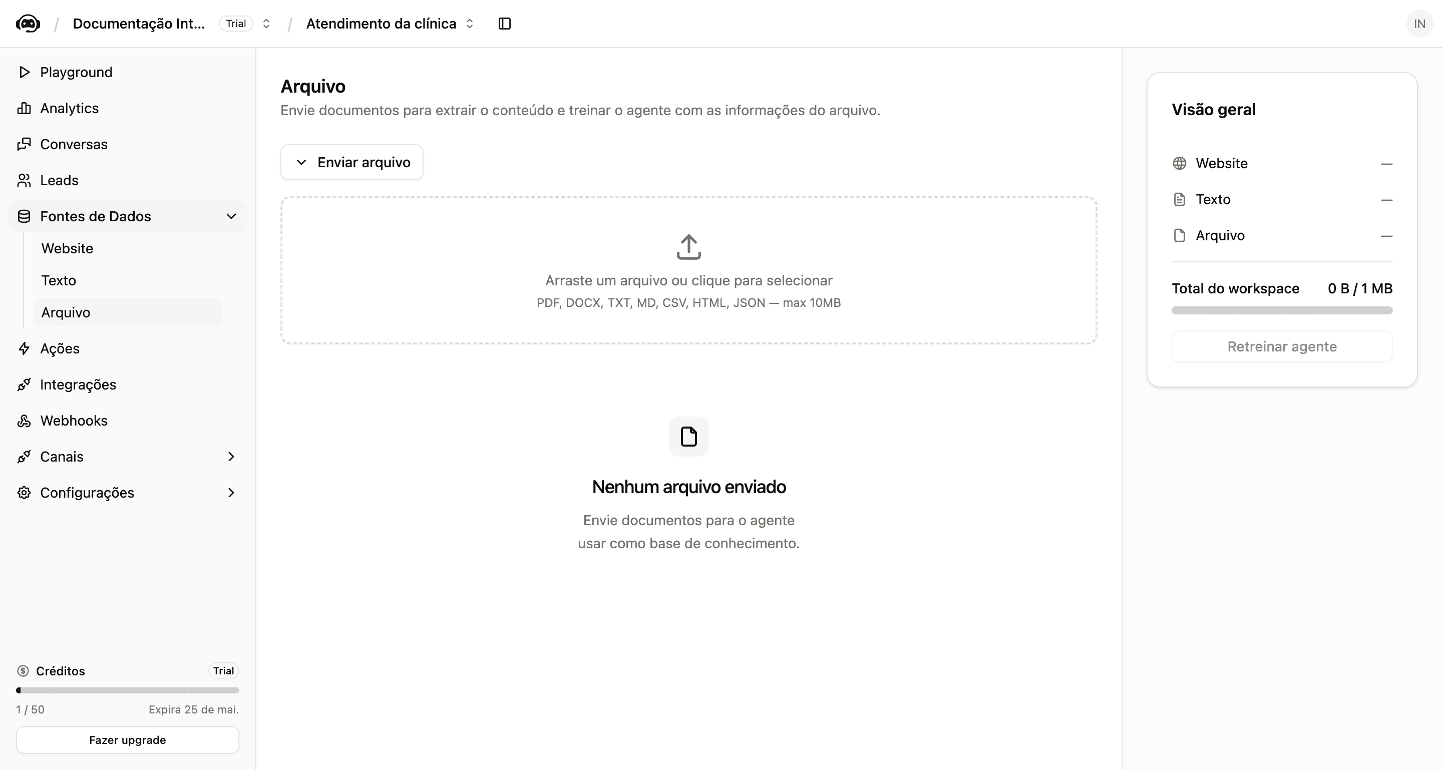 Tela de envio de arquivo com área de upload e formatos aceitos