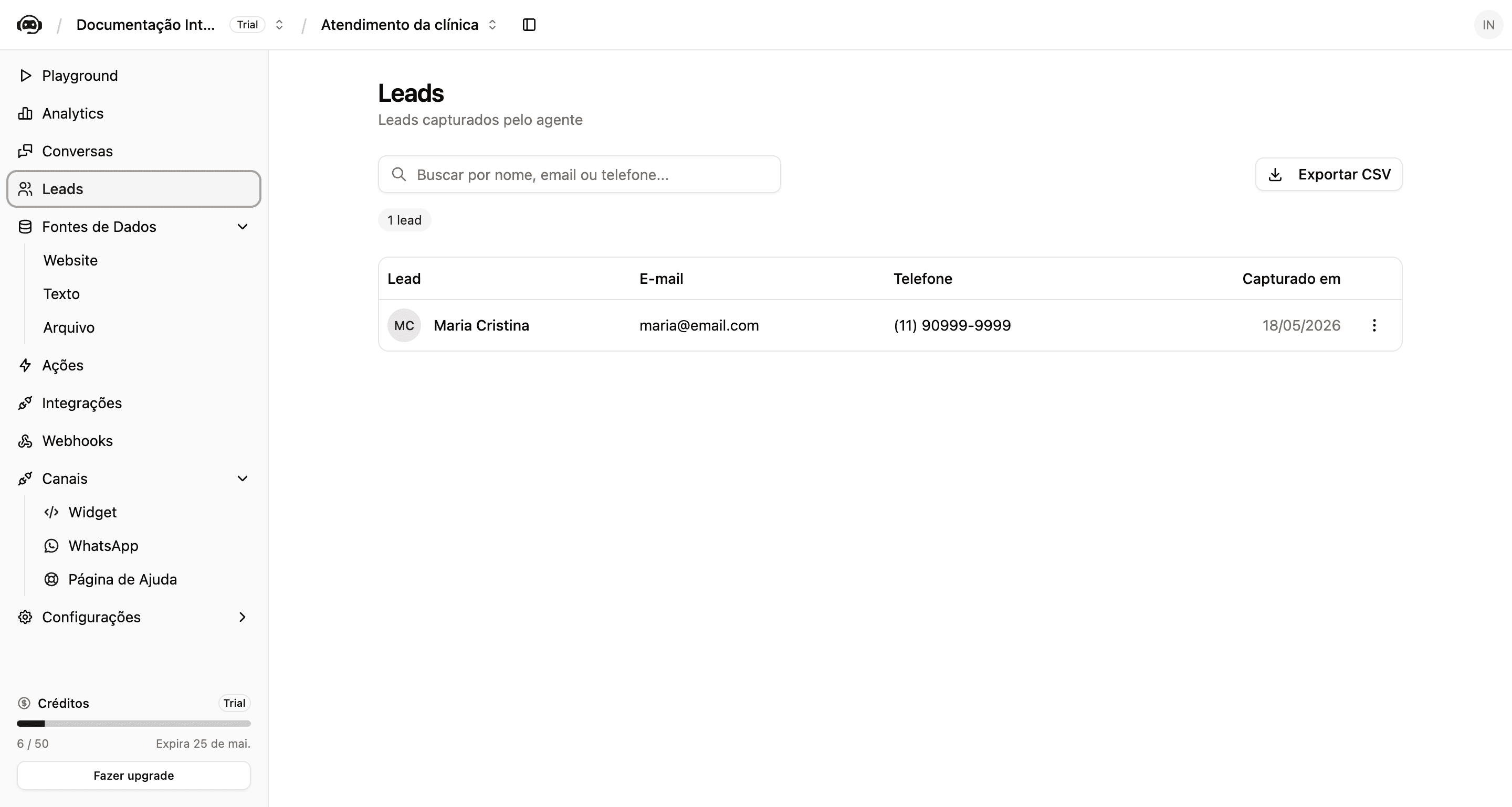 Tela Leads com lista dos contatos capturados, mostrando nome, telefone, canal e data