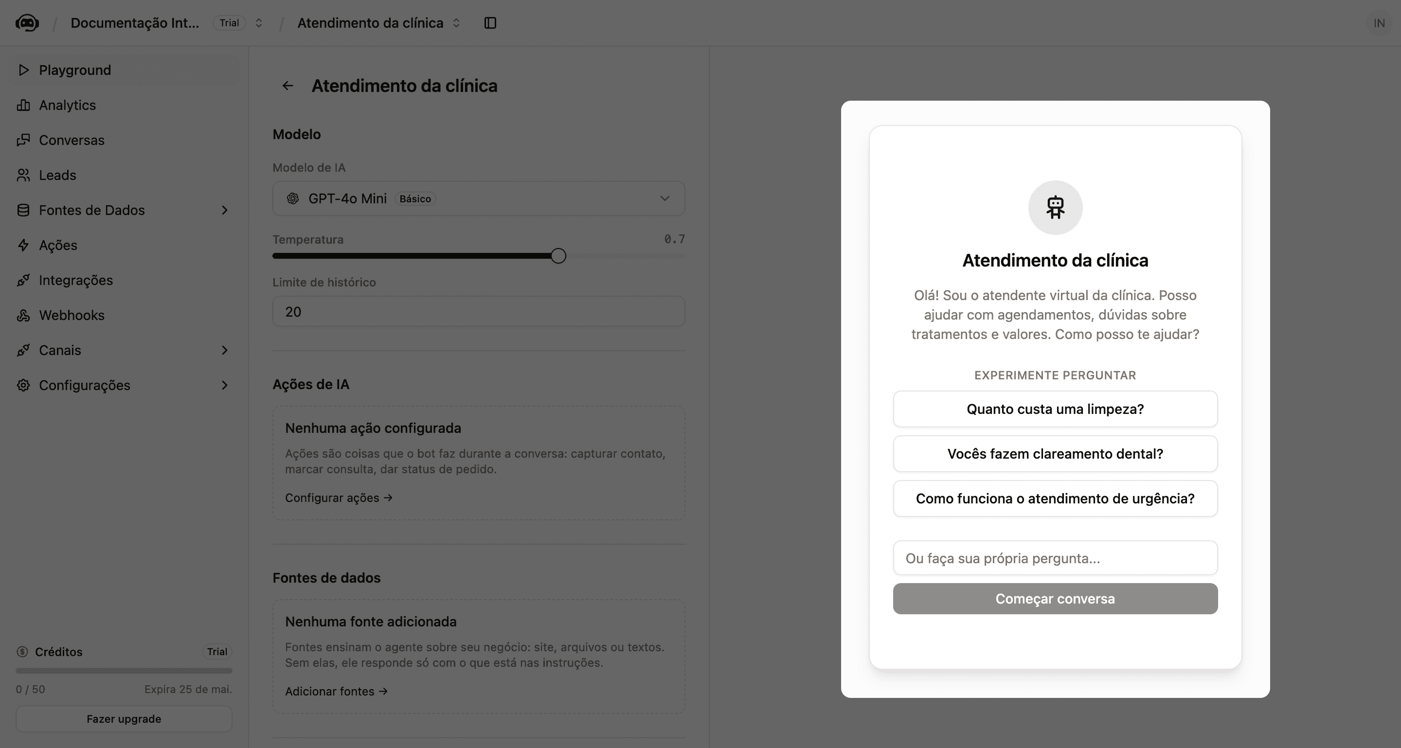Painel de teste com sugestões