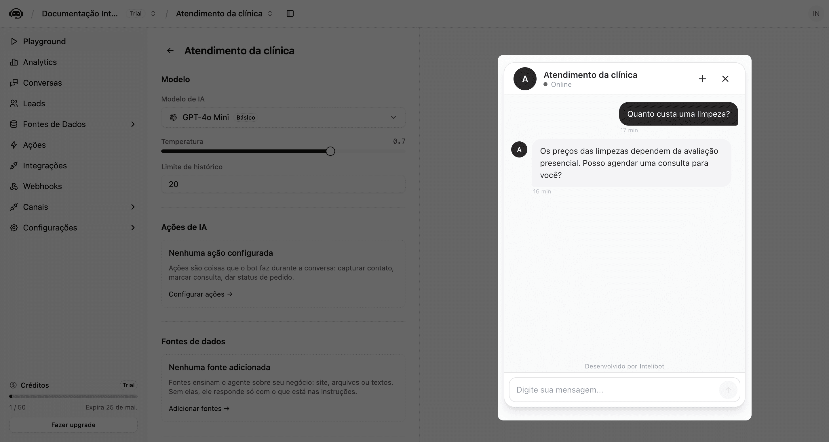 Conversa de teste com resposta do atendente